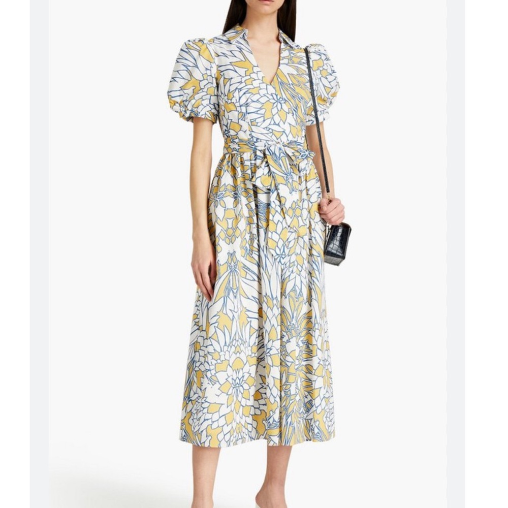 Badgley Mischka belted floral print cotton blend poplin midi dress.